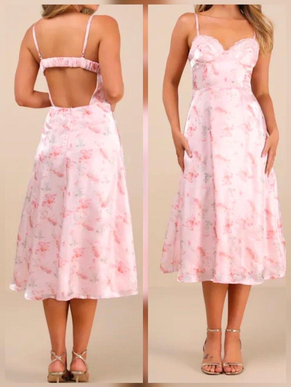 Lulus Selini Blush Pink Floral Satin Bustier Backless Midi Dress - Large - NWT!